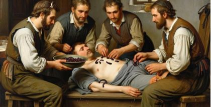 художник передал атмосферу сельского дома, где герой, очевидно больной, лежит на кушетке, а старый знахарь лечит его народными средствами