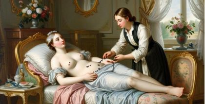 сцена в картине XVIII века, показывающая лечение женщины методом гирудотерапии в домашней обстановке