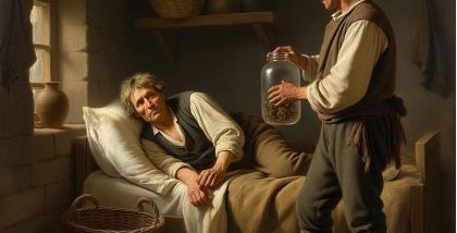 художник передал атмосферу сельского дома, где герой, очевидно больной, лежит на кушетке, а старый знахарь лечит его народными средствами